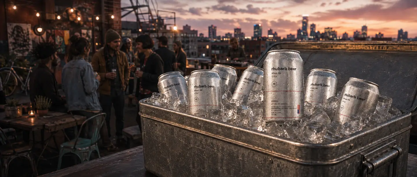 A cooler of Rhubarb Beer on ice at a rooftop party at dusk