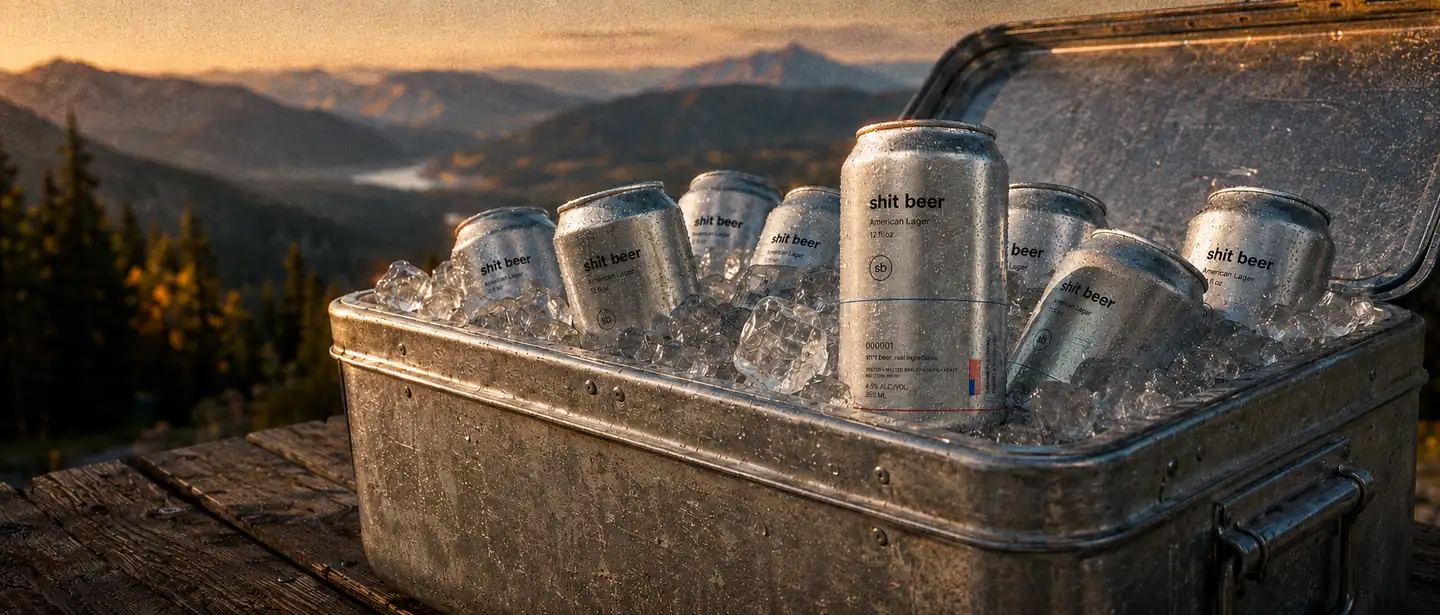 A cooler of Shit Beer on ice at golden hour, mountains behind