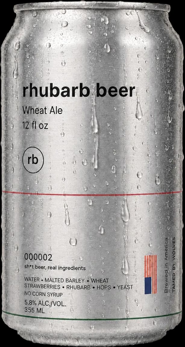 A sweating aluminum can of Rhubarb Beer, Wheat Ale, 12 fl oz