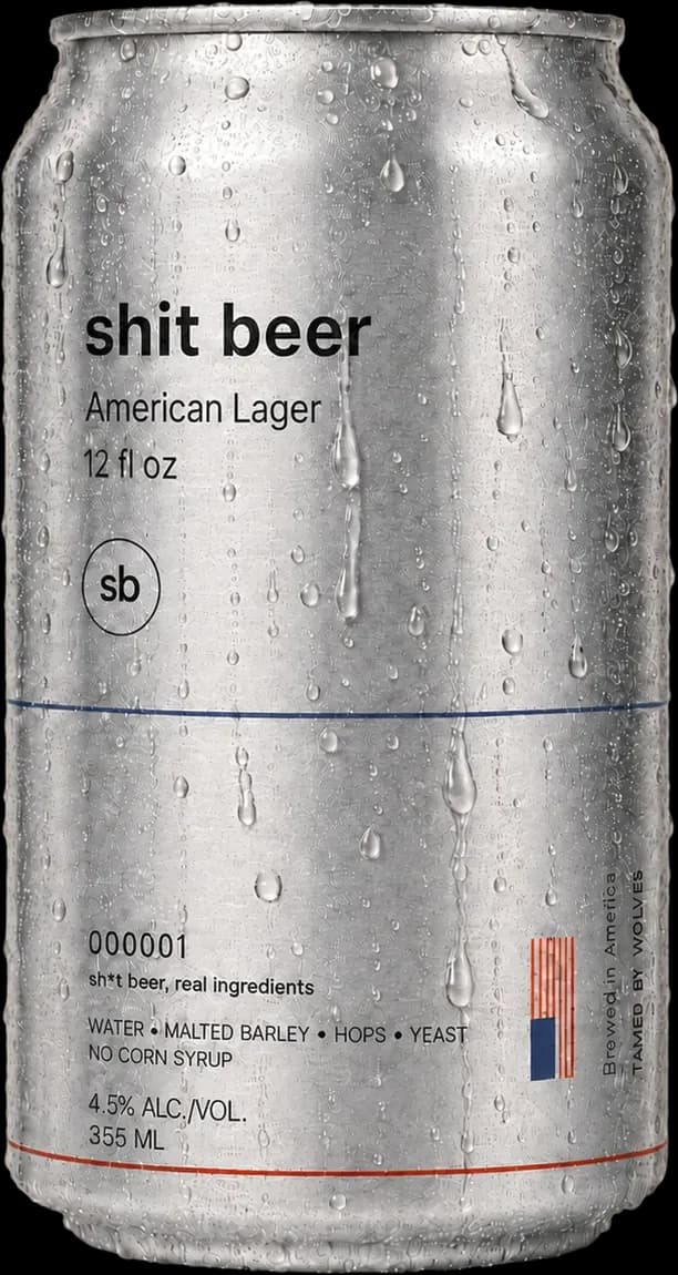 A sweating aluminum can of Shit Beer, American Lager, 12 fl oz