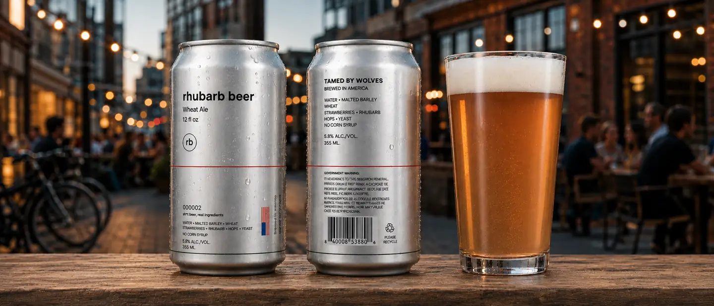 Front and back of a Rhubarb Beer can beside a poured pint on a patio at dusk