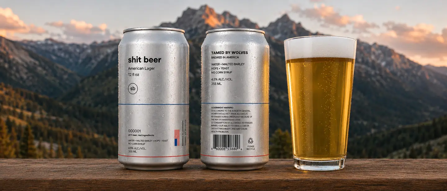 Front and back of a Shit Beer can beside a poured pint, mountains behind
